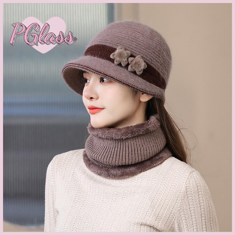 PETIGLASS Ấm áp Khăn quàng cổ Mũ len mùa đông Chống gió Người già trung niên Mũ tai bèo dệt Ngoài trời Lót Lông Cừu Ấm cổ Dành cho Nữ