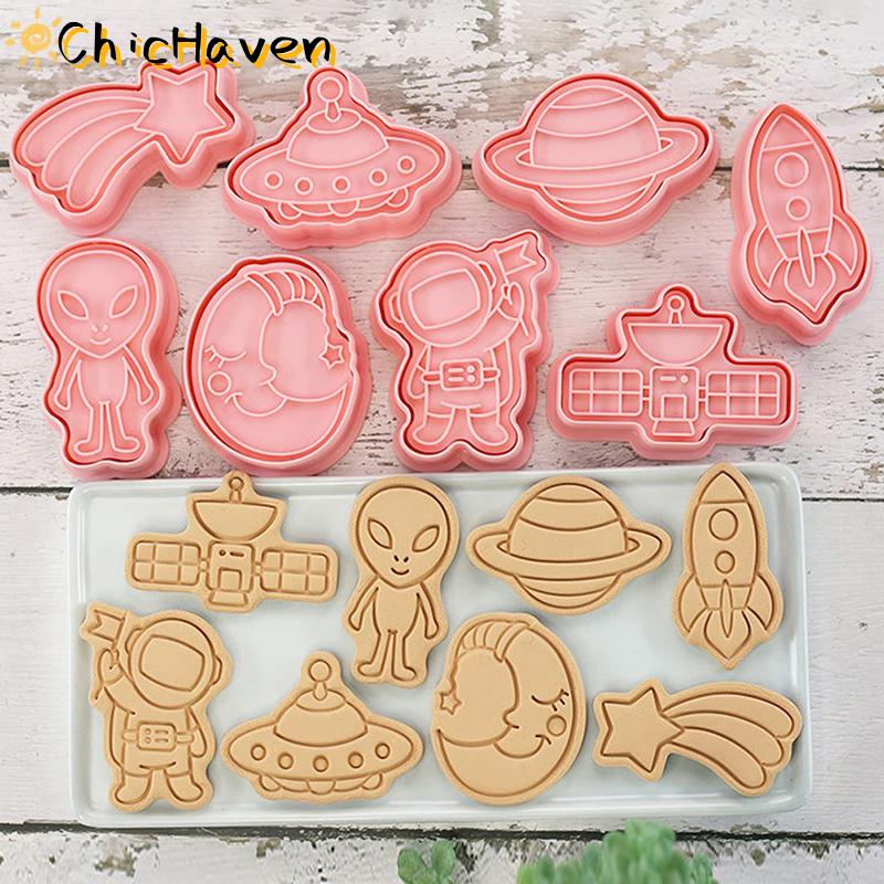 ChicHaven 8 cái bộ không gian Phi Hành Gia bánh quy khuôn người ngoài hành tinh 3D phim hoạt hình Cookie khuôn bánh quy cắt tự làm fondant pit tông bánh công cụ nhà bếp nướng bánh ngọt Nguồn cung cấp