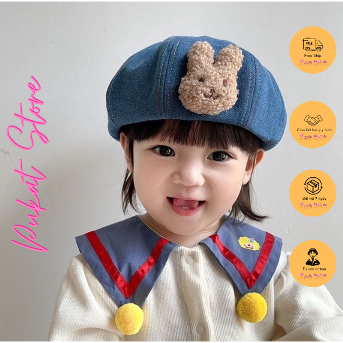 Mũ nồi vải denim hình thỏ dễ thương cho bé gái từ 3 - 8 tuổi xinh xắn dễ thương
