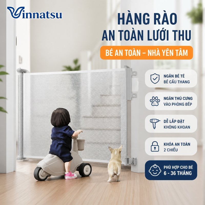 Vinnatsu cổng chặn an toàn lưới tự cuộn hàng rào cầu thang cửa bếp PVC thép lắp nhanh gắn không khoan cho bé thú cưng hành lang
