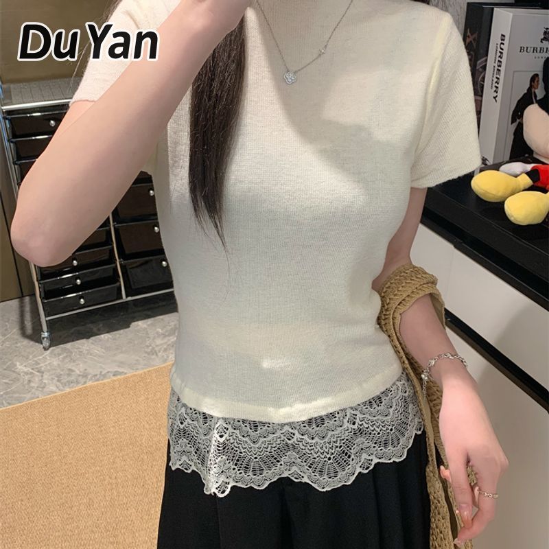 Du Yan Women's Quality French Lace Patchwork Knitting Short Sleeve Half Turtleneck Slim Top ราคา 150 บาท*ส่งฟรี