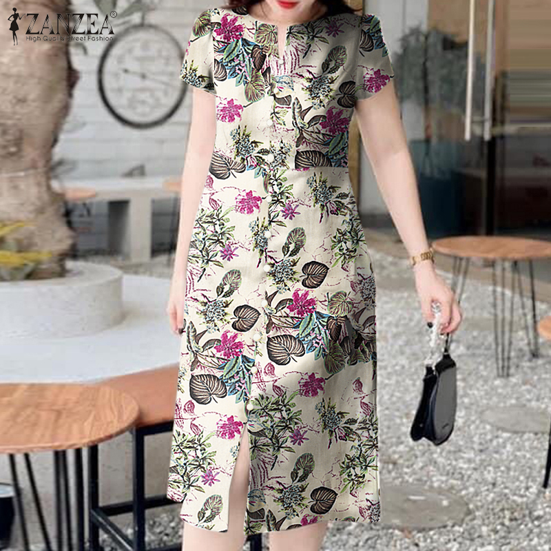 Esolo ZANZEA Womens Vintage Floral Printed Cotton Midi Dress O-Neck Short Sleeves Dresses #7COD