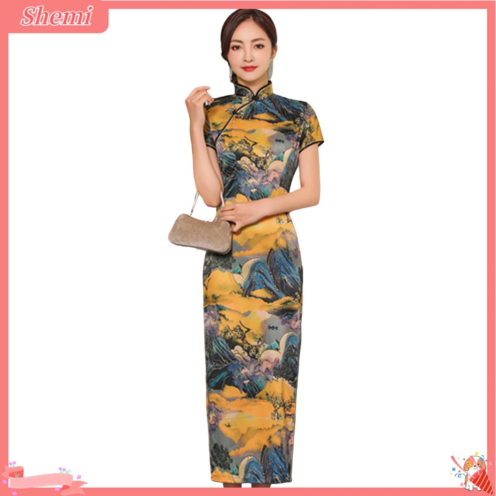 Shemi cổ đứng tay ngắn đĩa khóa mịn Truyền Thống Phong cách Trung Quốc qipao phong cảnh núi non sơn in xẻ tà sườn xám dài nữ quần áo sườn xám dài ngắn