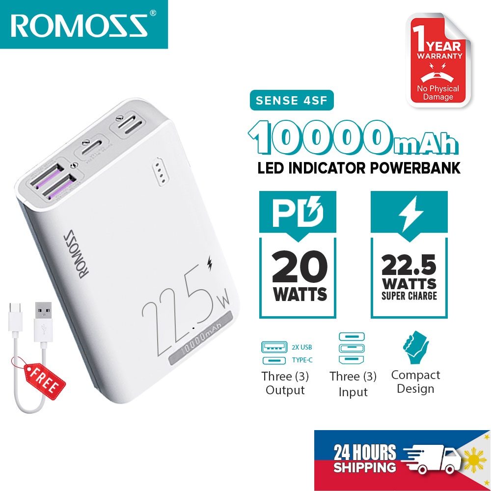 ROMOSS Pin Sạc Dự Phòng Mini 4Sf 10000mAh 22.5W PD QC 3.0 Lithium Polymer