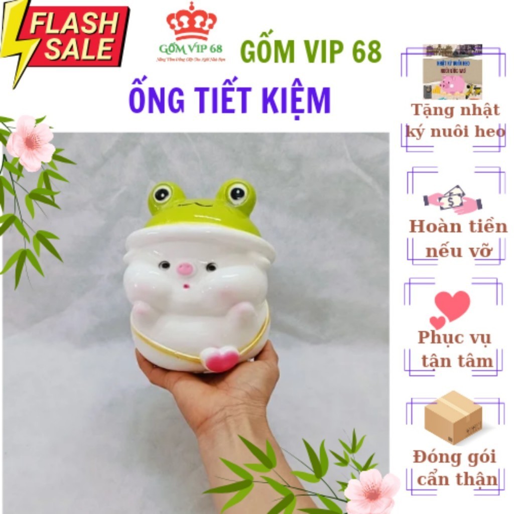 [GỐM VIP 68] Heo Đội Mũ Ếch, Heo Đất Cute, Ống Heo Đựng Tiền, Ống Tiết Kiệm Hình Con Ếch, Chất Liệu Thạch Cao