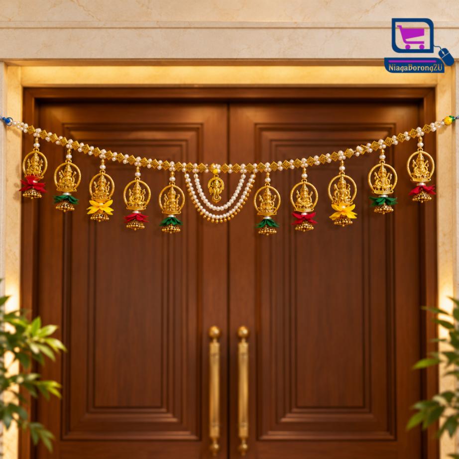 Ganesha Thoranam Door Hanging 100cm MT84 – Crystal & Pearl Beads with Gold-Tone Charms for Pooja Room Temple & Deepavali Decor