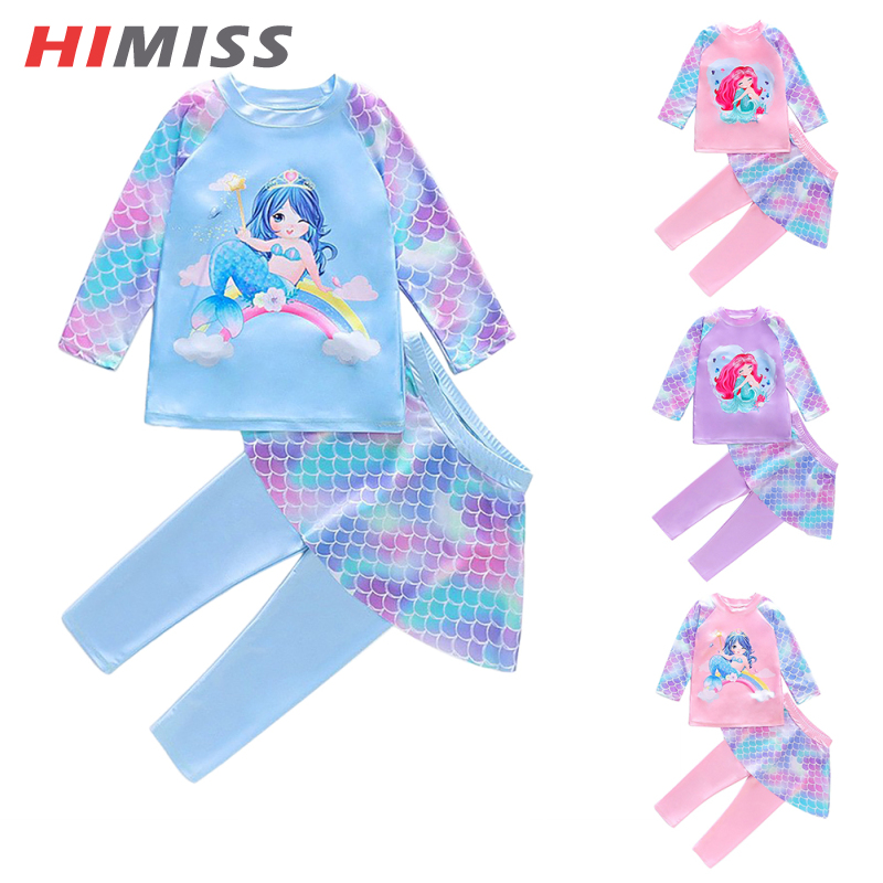 HIMISS 2pcs Girls Split Swimsuit Cartoon Mermaid Long Sleeves Tops Long Pants Beach Sunscreen Quick-drying Swimming Suit ราคา 210 บาท*ส่งฟรี