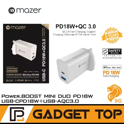 Mazer/M-PD-016PT-WH/POWER.BOOST USB-CPD18W+USB-AQC3.0 Charger/110-240V-WHITE Plug