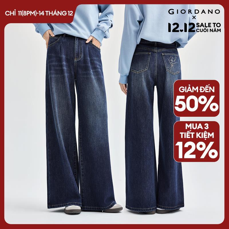 GIORDANO Nữ Quần Jeans Thêu Năm Túi Quần Jeans Denim Cạp Cao Ống Rộng Hiệu Ứng Ria Mép Thời Trang Thường Ngày 18414805