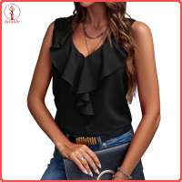 fulaide Casual Formal Blouse Women Vest with Ruffle V-neck Women’s Summer Sleeveless V-neck Blouse Solid Color Loose Fit Ruffle Trim Vest Top Casual Daily Wear Pullover for Hot Weather