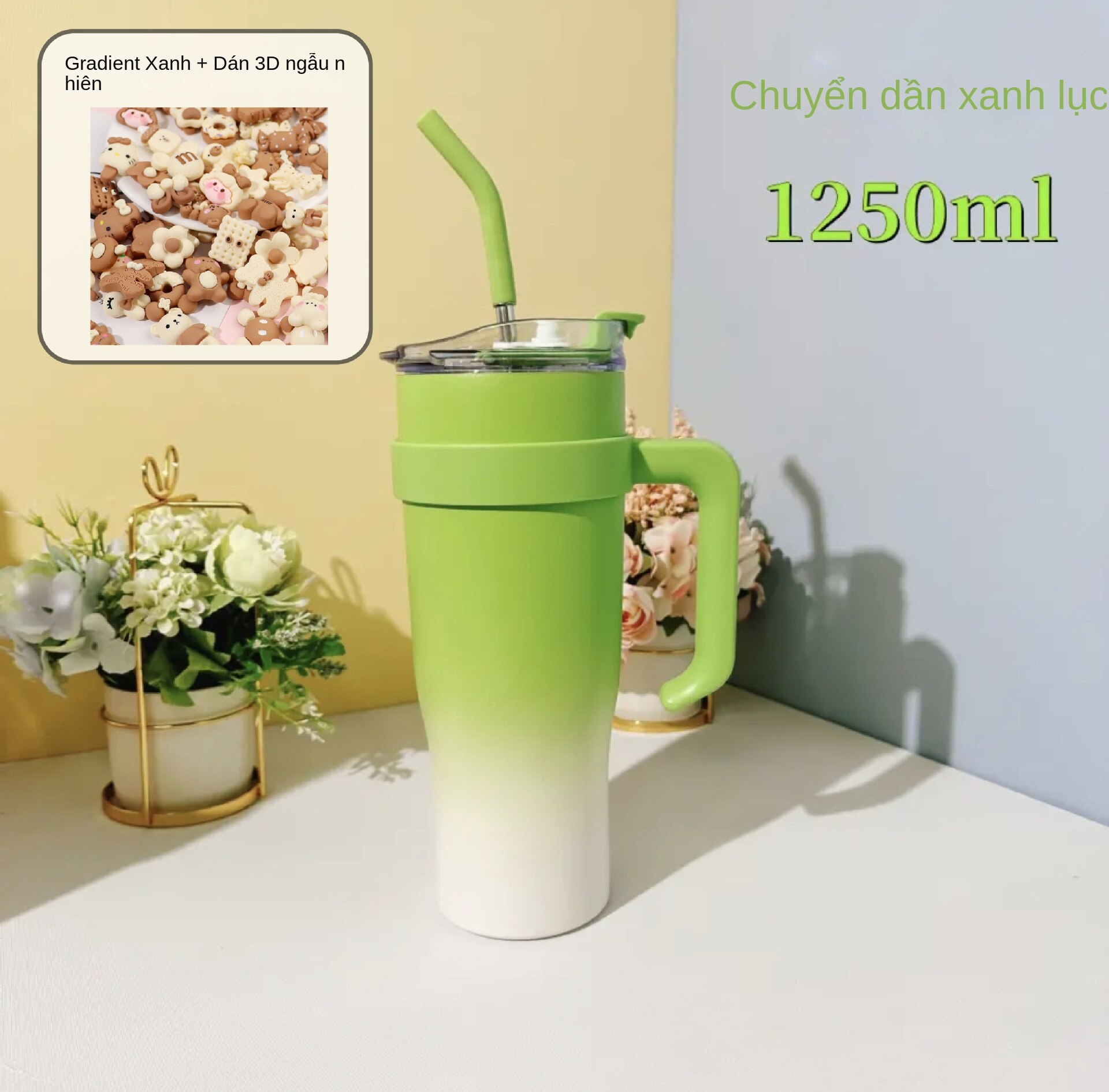 Bình giữ nhiệt 40oz 1250ml Cốc đá Big Mac Cốc nước xe công suất lớn với ống hút Tay cầm cầm tay