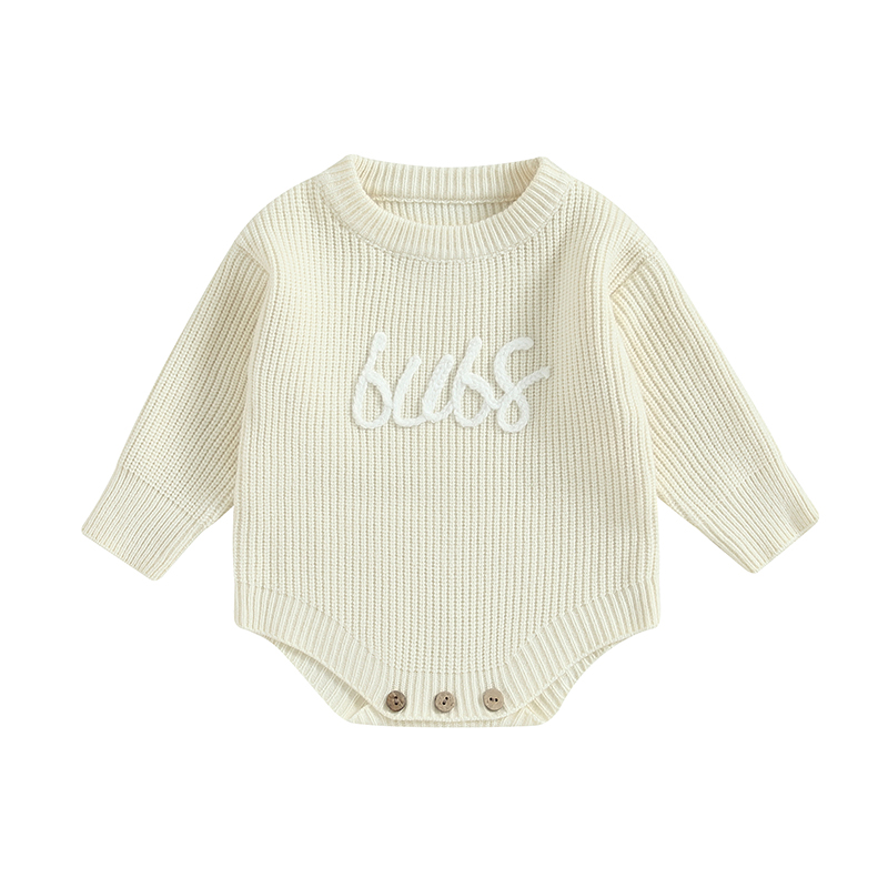 ANFUTON Infant Baby Knit Jumpsuit Letter Embroidered Ribbed Long Sleeve