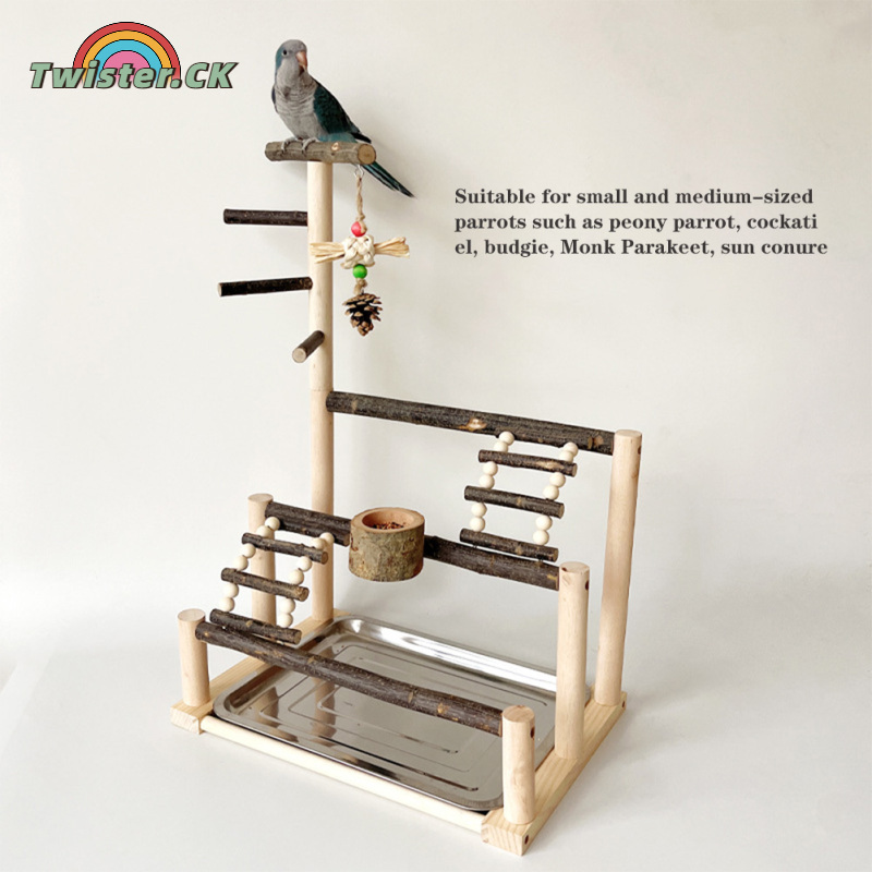 Bird Natural Wood Playground, Parrot Perch Stand With Feeding Cup Ladder Chew Toy, Bird Playstand With Stainless Steel Tray For Parakeet Cockatiel ราคา 1,066 บาท*ส่งฟรี