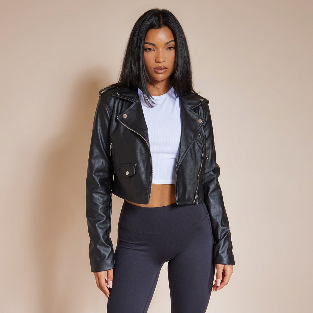 Black Faux Leather Biker Jacket with Zip Detailing and Biker Fit