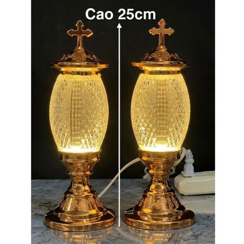 Đèn chầu Công Giáo cặp đèn lục bình Thánh Giá nhựa xi màu trang trí bàn thờ Chúa sử dụng điện 220V tặng kèm bóng