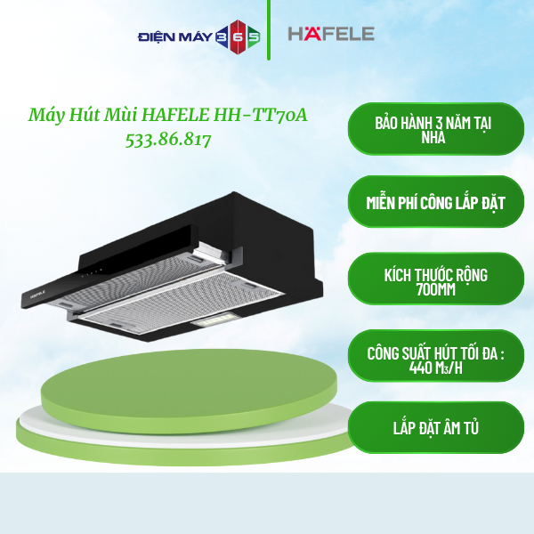 Hafele HH-TT70A 533.86.817 – Máy hút mùi âm tủ cao cấp, điều khiển cảm ứng, đèn LED 1.5W, công suất tiêu thụ 203W, phù hợp mọi không gian bếp