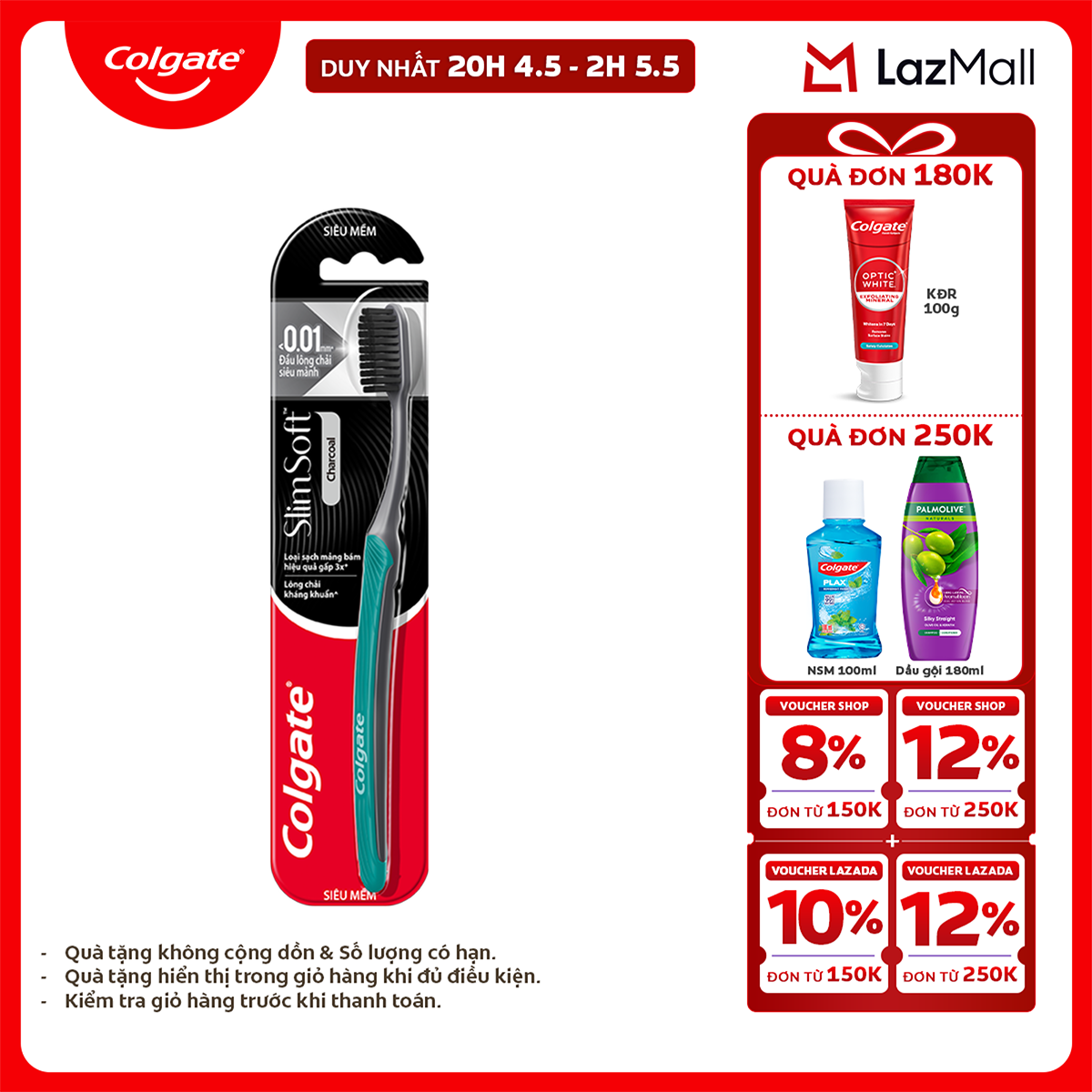 [Chỉ 25-29.4_X2 Voucher giảm 20%] Bàn chải Colgate than hoạt tính kháng khuẩn SlimSoft Charcoal mềm mảnh
