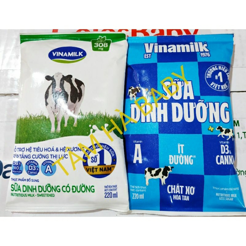 Sữa dinh dưỡng Vinamilk túi 220ml ít đường / có đường / không đường