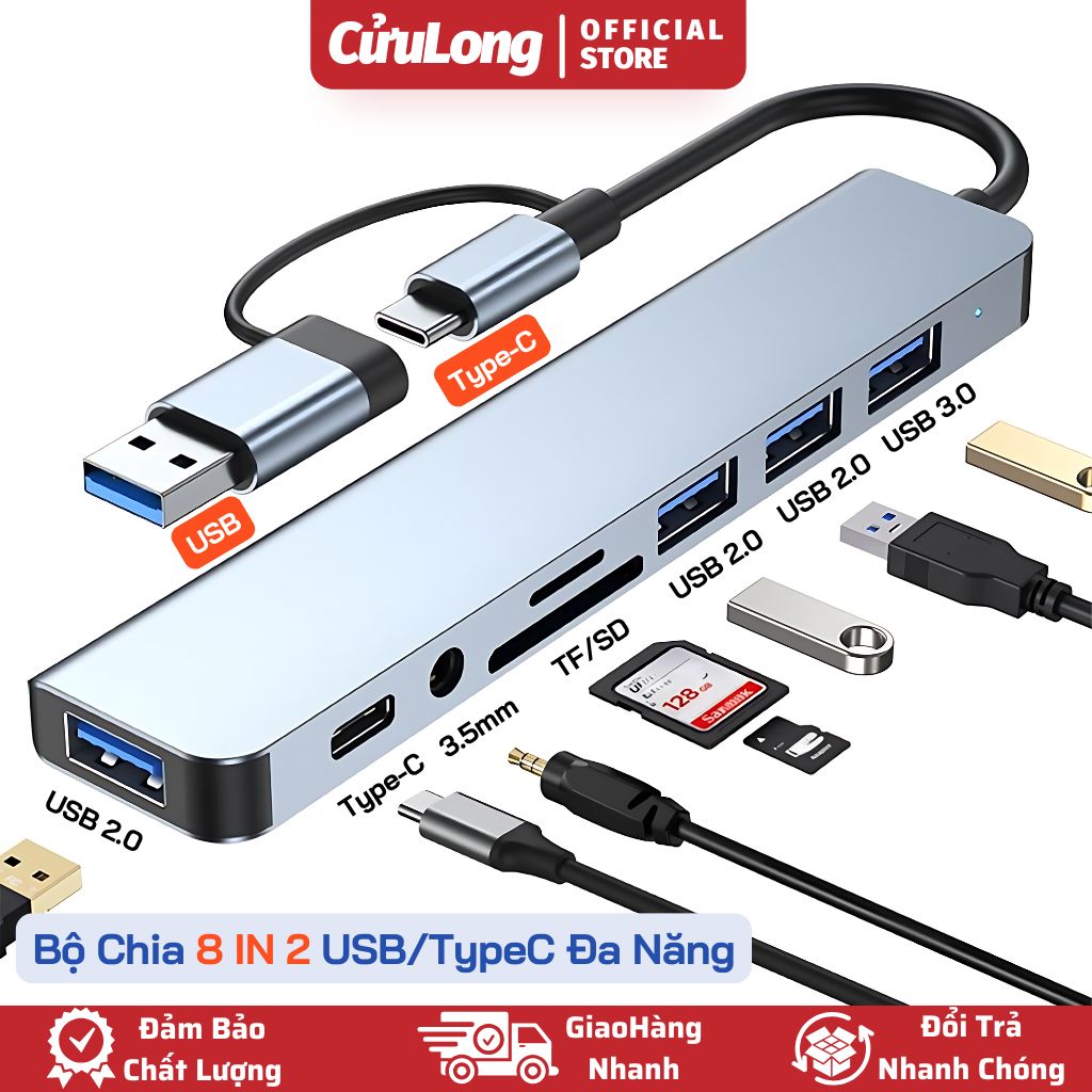 USB Hub Type C 8 IN 2 Chia Cổng Đa Năng Đọc Thẻ Nhớ SD Audio 3.5mm Cho Máy Tính Laptop Điện Thoại USBA To Type C