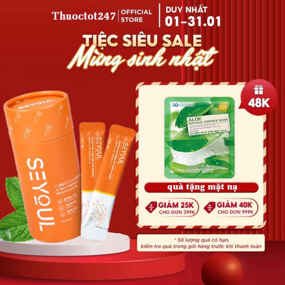 Mặt nạ cà rốt sủi bọt seyoul thải độc sạch mụn, mặt nạ sủi bọt cà rốt se khít lỗ chân lông, hút dầu, sáng da 12 gói/hộp