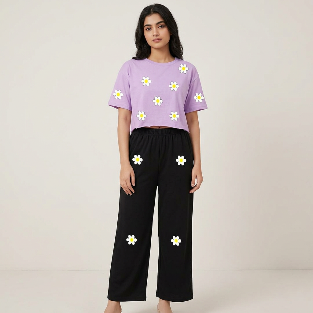 Purple Daisy Crop T-Shirt and Black Wide-Leg Trouser Set - Women S-XL and Girls 7-14 Years