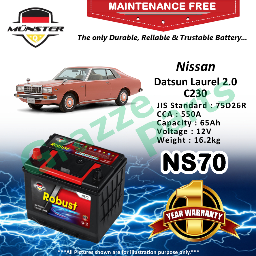 Mnster Robust MF CMF NS70 | NS70R | 75D26R (65AH) Car Battery Bateri Kereta for Nissan Datsun Laurel 2.0 C230