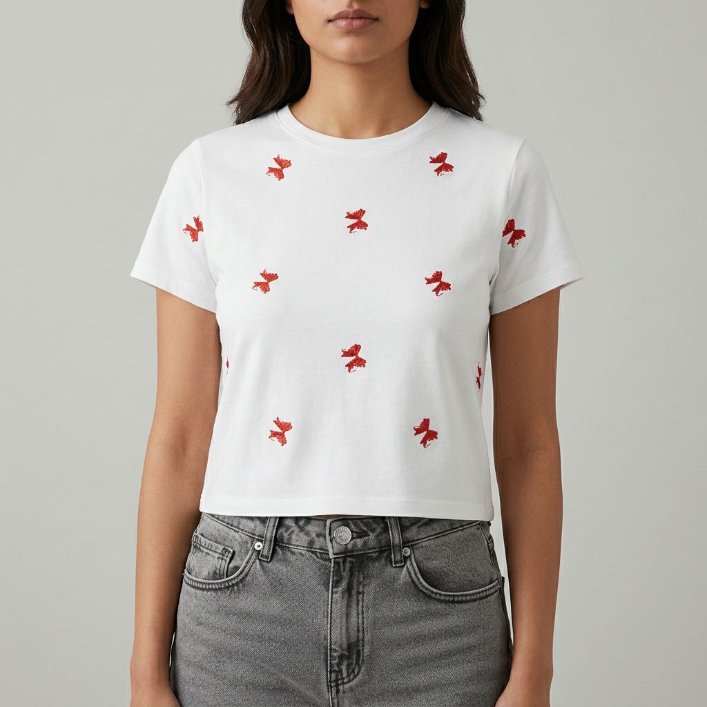 Wardrobe Essentials Summer Exclusive Ribbon Printed Half Sleeves Crop Top T shirts for girls Women Fashion Clothing