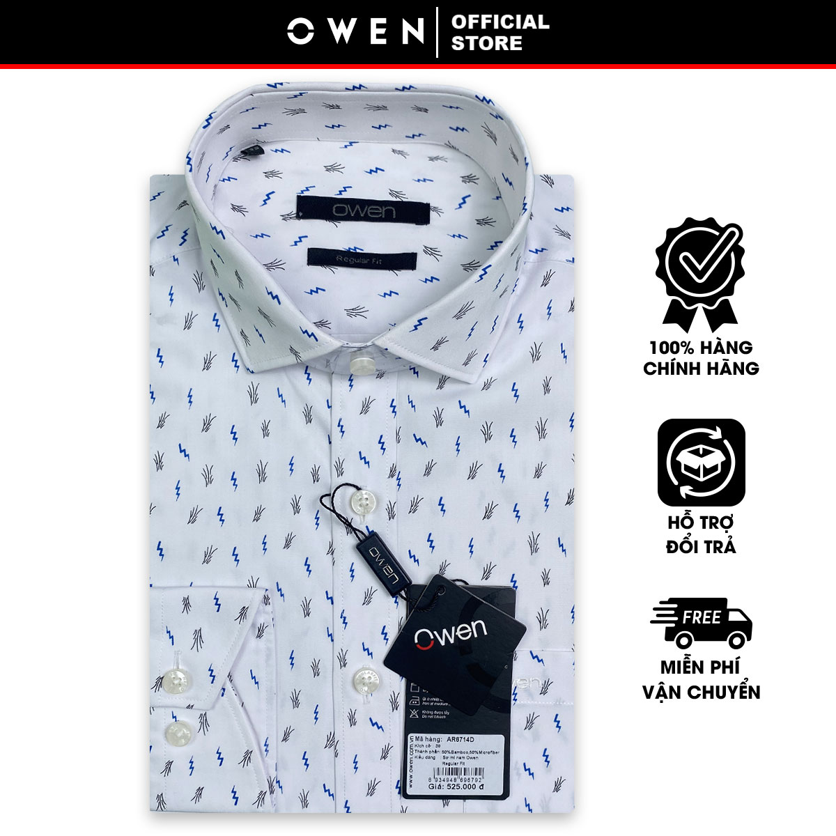 OWEN SALE - Áo Sơ Mi Owen Tay Dài Màu Trắng  Họa Tiết Hoa Văn Form Regular Fit Lai Bầu Chính Hãng