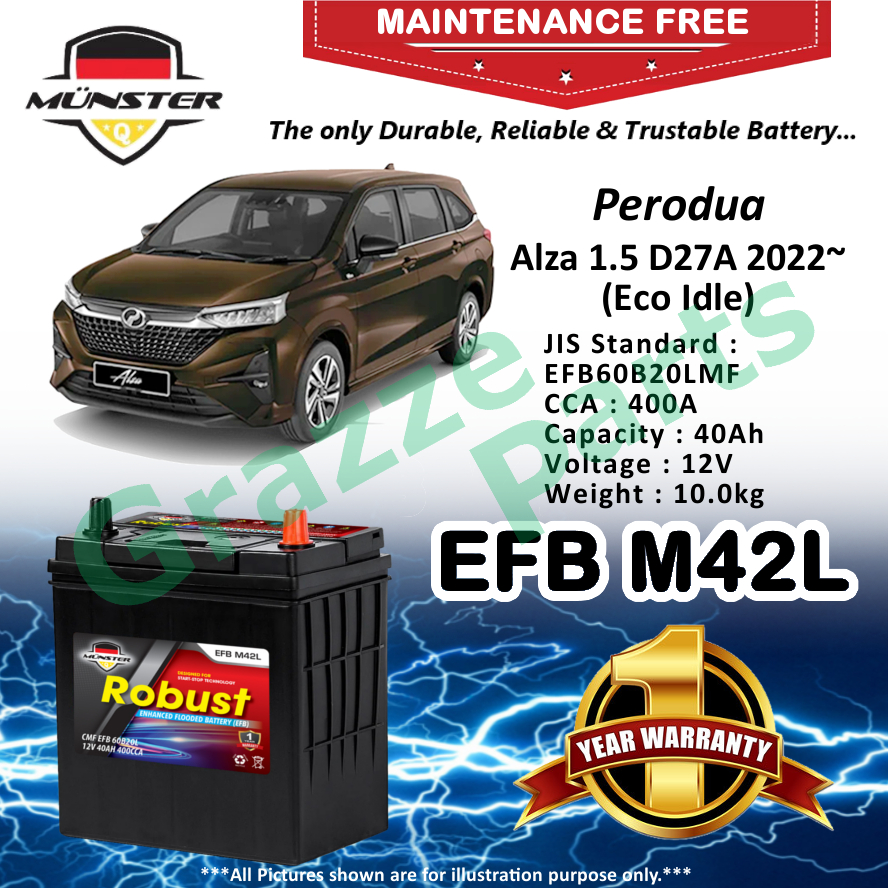 Mnster Robust MF CMF EFB M42L | B20L | 60B20L (40AH) Car Battery Bateri Kereta Perodua Alza 1.5 D27A