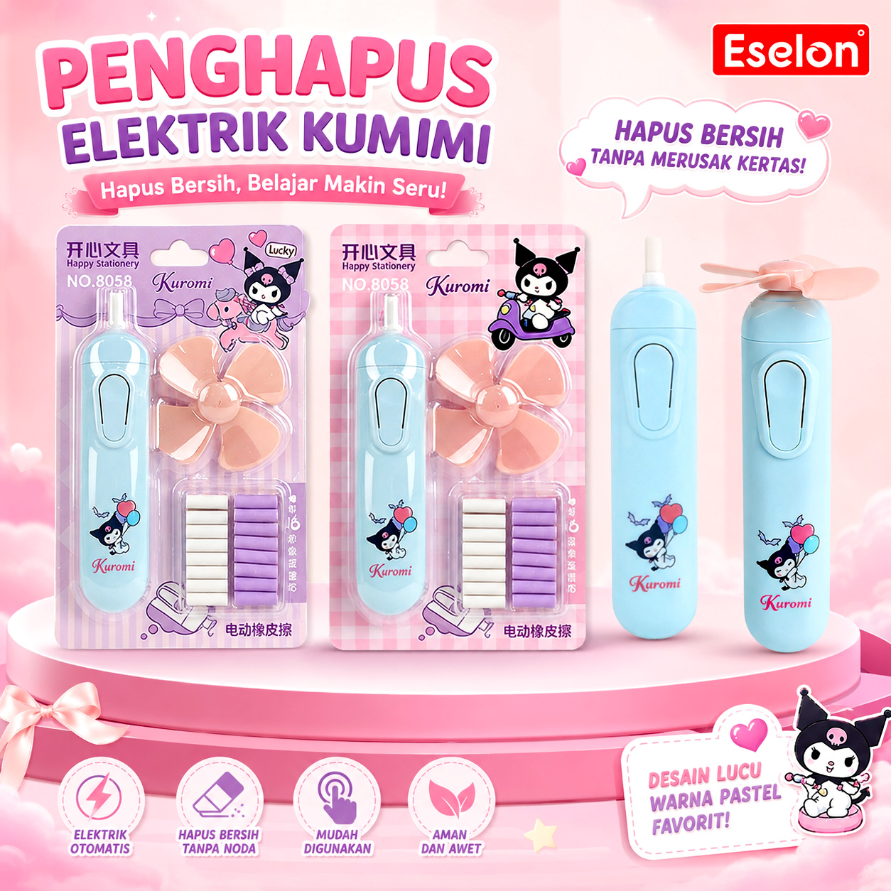 2in1 Penghapus Elektrik + Kipas mini Anak Lucu NO. 8058