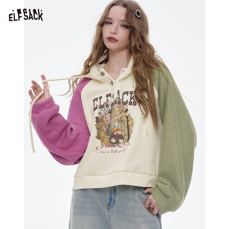 เสื้อผ้าแฟชั่นสตรี ELFSACK ฤดูหนาวสินค้าใหม่ Y2K Casual หลวม Contrast Sleeve สัตว์กราฟิกปุ่มคอปก Hooded Drawstring Cropped Sweatsh