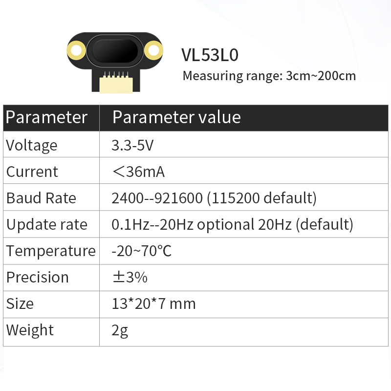 Cảm Biến Laser ToF WTVL53L0 | VL53L1X, Đo Khoảng Cách 400cm, RS485/TTL/IIC, Độ Chính Xác Cao, Tùy Chỉnh Baud Rate, Nhiệt Độ -20~70°C