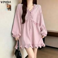 VONDA ชุดเดรสลูกไม้แต่งขอบแต่งระบายแขนยาวแฟชั่นสำหรับผู้หญิงสไตล์เกาหลีสีทึบชุดลำลอง #1124