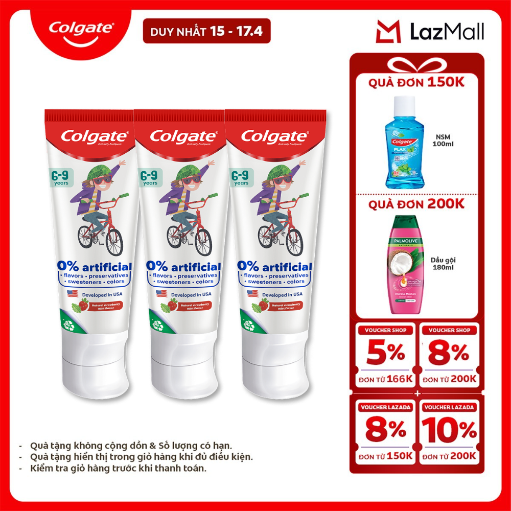 [Chỉ 15-17.4_X2 Voucher giảm đến 18%] Bộ 3 Kem đánh răng Colgate Kid Free From dành cho trẻ em 6-9 tuổi không hương liệu và chất bảo quản 80g