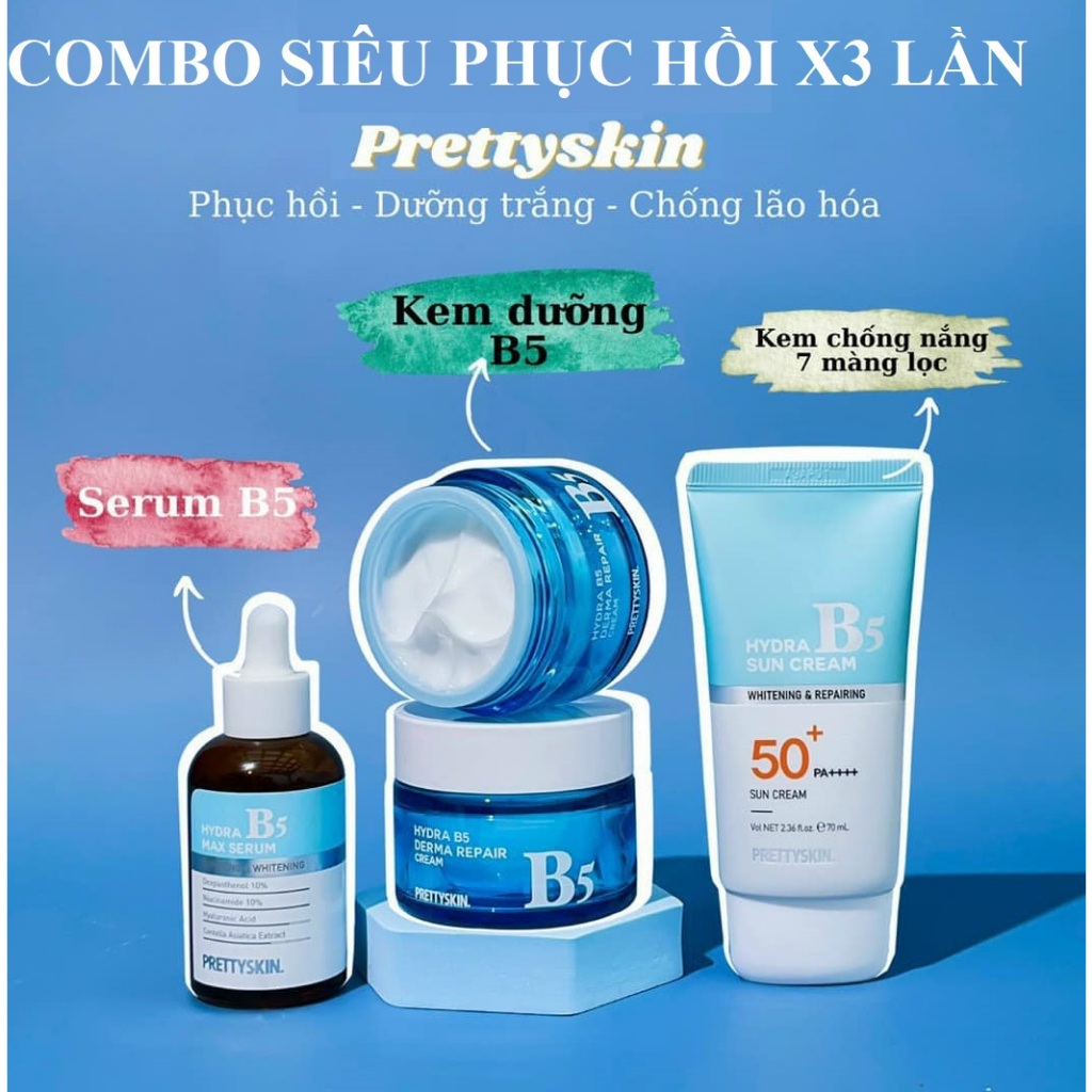 Bộ 3 b5 serum + kem chống nắng + kem dưỡng b5 hydra pretty.skin - dưỡng trắng,phục hồi da