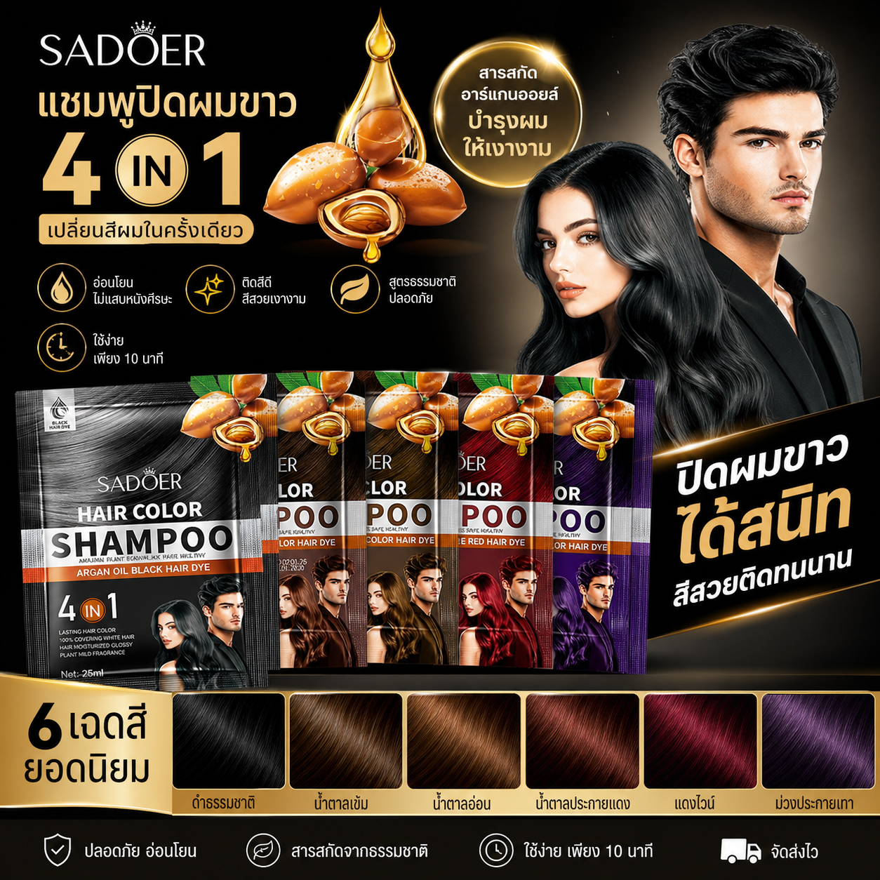 สีย้อมผม สีดำ SADOER ย้อมผมฟอง ไม่เป็นอันตรายต่อเส้นผม แบบพกพา ครีมย้อมผม ย้อมผมเพื่อสุขภาพที่บ้านและปกปิดผมหงอกได้ง่ายๆ