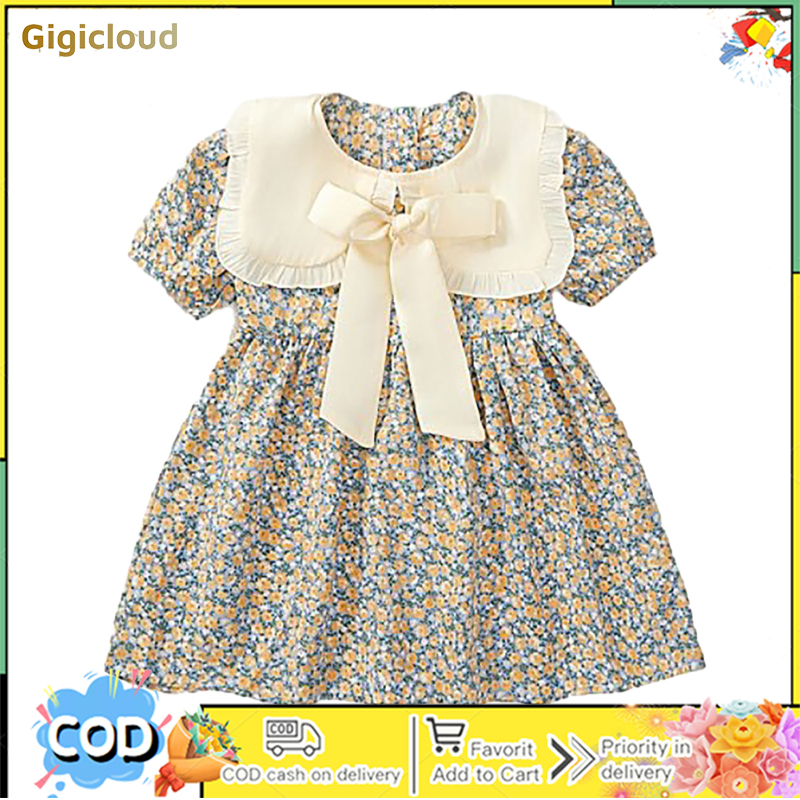 Girls Floral Princess Dress Summer Casual Short Sleeve Doll Collar Patchwork Dress With Bowknot Decoration ราคา 209 บาท*ส่งฟรี