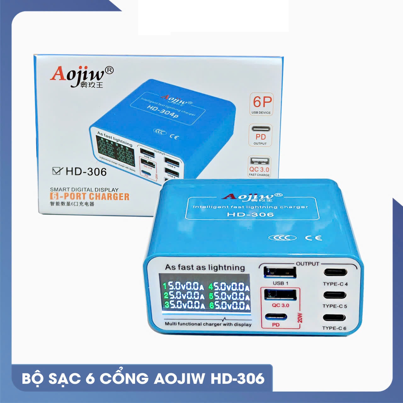 Bộ Sạc 6 Cổng Hỗ Trợ Sạc Nhanh Aojiw HD-306 công suất 40W