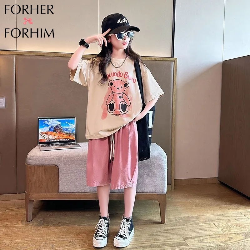 FORHERFORHIM Girls Fashion Suit New Fashion Fashion CUHK Children Students Casual Short-sleeved Shorts Two-piece Set F273 ราคา 489 บาท*ส่งฟรี