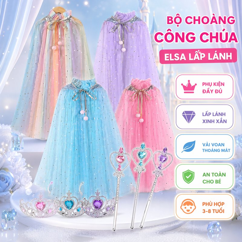 áo choàng elsa công chúa trẻ em vương miện gậy phép voan lấp lánh mềm nhẹ hóa trang biểu diễn tiệc sinh nhật