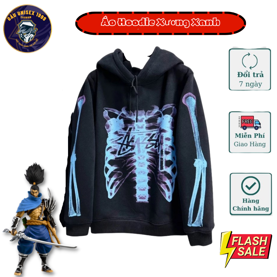 Áo Hoodie Xương Xanh Dương Stusy Chữ Chất Nỉ Dày Dặn Phong Cách Boy Phố