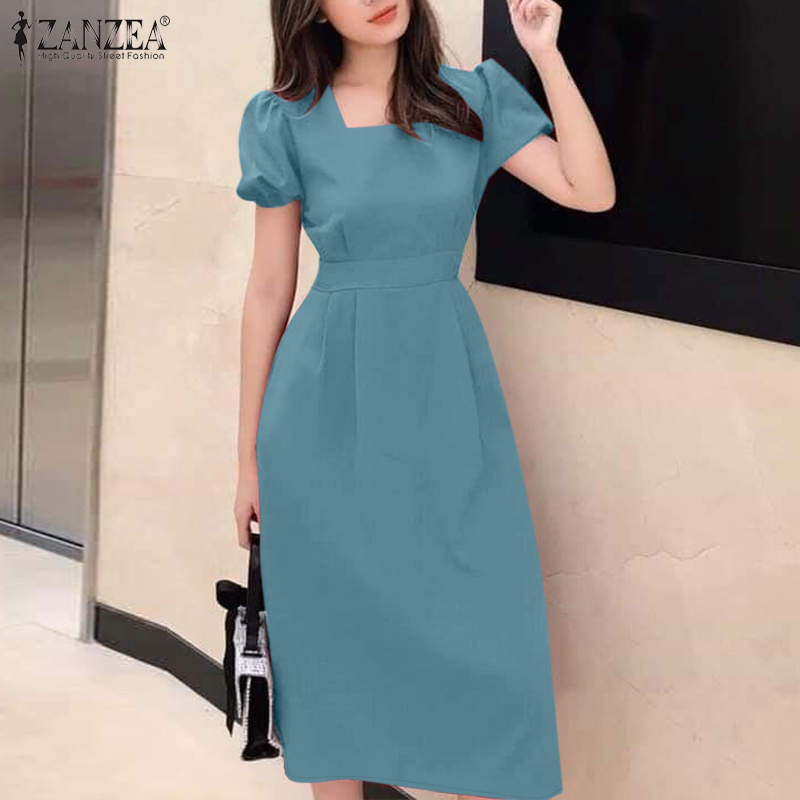 Hijabfab zanzea nữ phong cách Hàn Quốc thanh lịch cổ áo vuông ống tay phồng ăn mặc bên thu thập eo váy trơn #0217