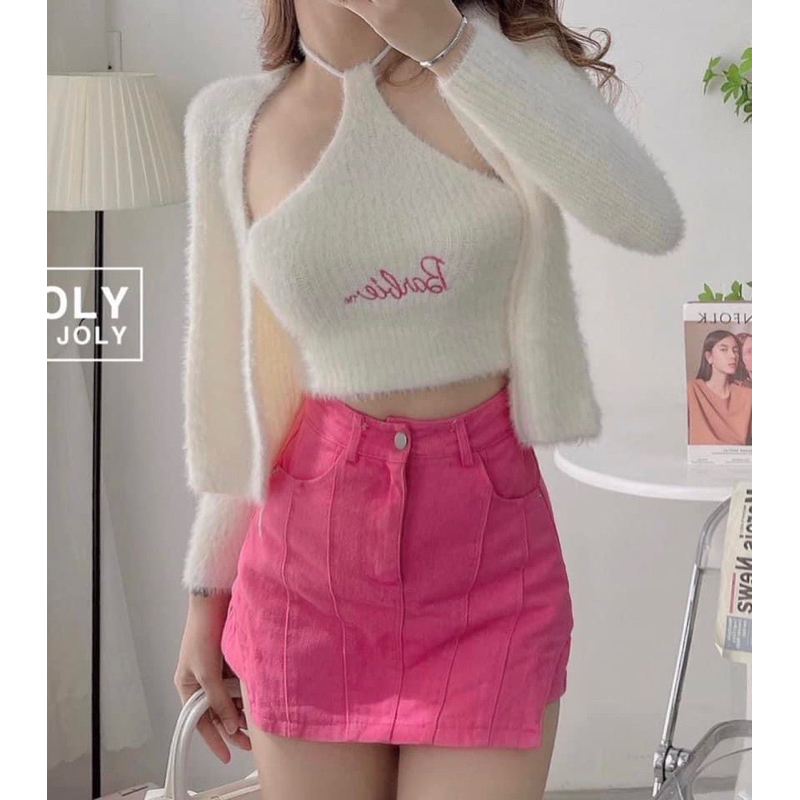 Set len lông thêu barbie : gồm choàng & yếm
