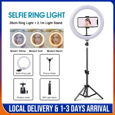 2.1m Tripod Stand with 26cm Selfie Ring Light Dimmable Mobile Phone Stand Holder Mini Led Camera Ring Light for Live Streaming/Makeup/YouTube Video/Photography