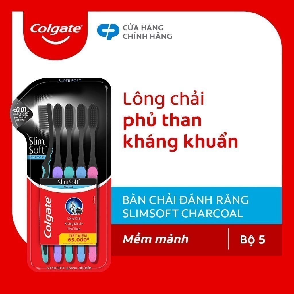   HB   Combo Bộ 5  Bàn chải Colgate SlimSoft Charcoal Than Hoạt Tính Kháng Khuẩn 