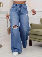 High Waist Ripped Wide Leg Jeans for Women Korean Distressed Hole Denim Pants Loose Fit Baggy Casual Trousers Non Plus Size Regular Standard Size Streetwear Daily Outfit for 18-35 Ladies