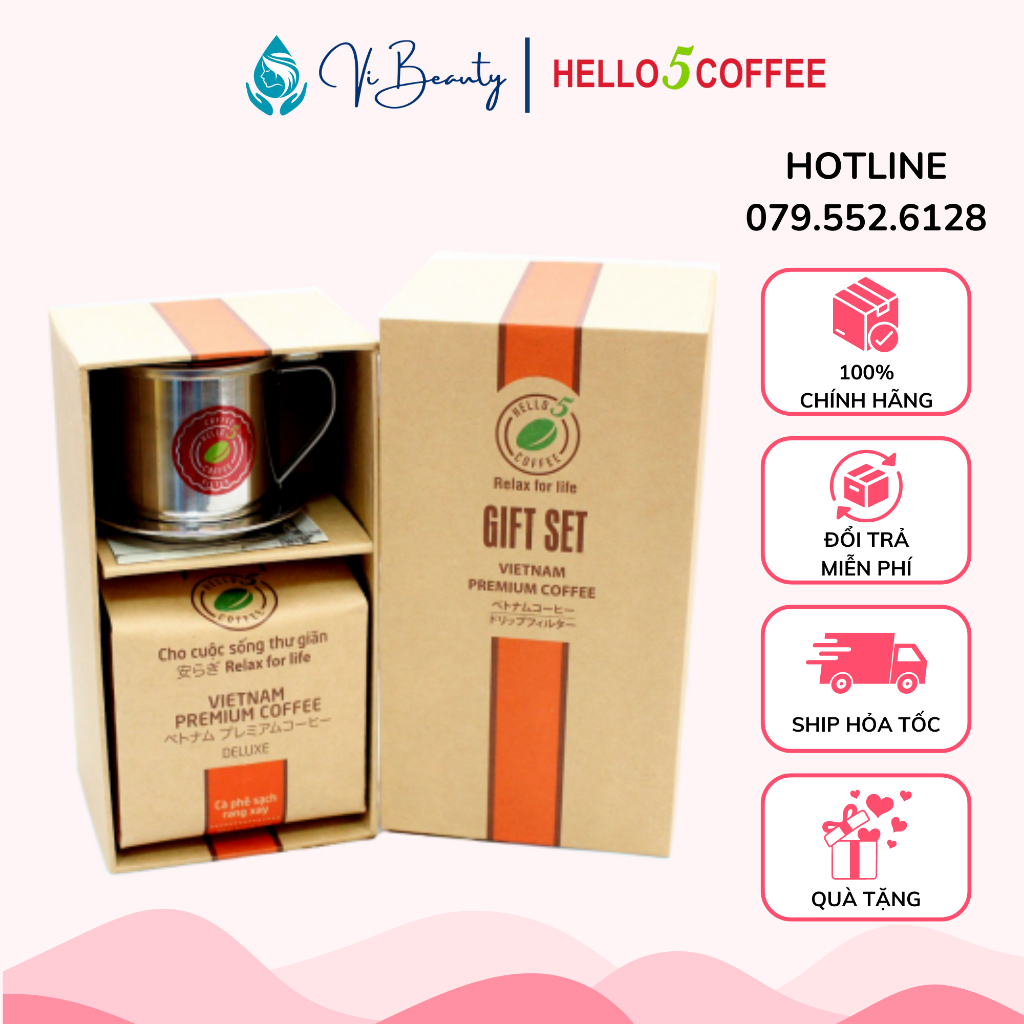 Hello 5 Coffee Giftset - Cafe Pha Phin DELUXE 250g + Phin Inox cao cấp