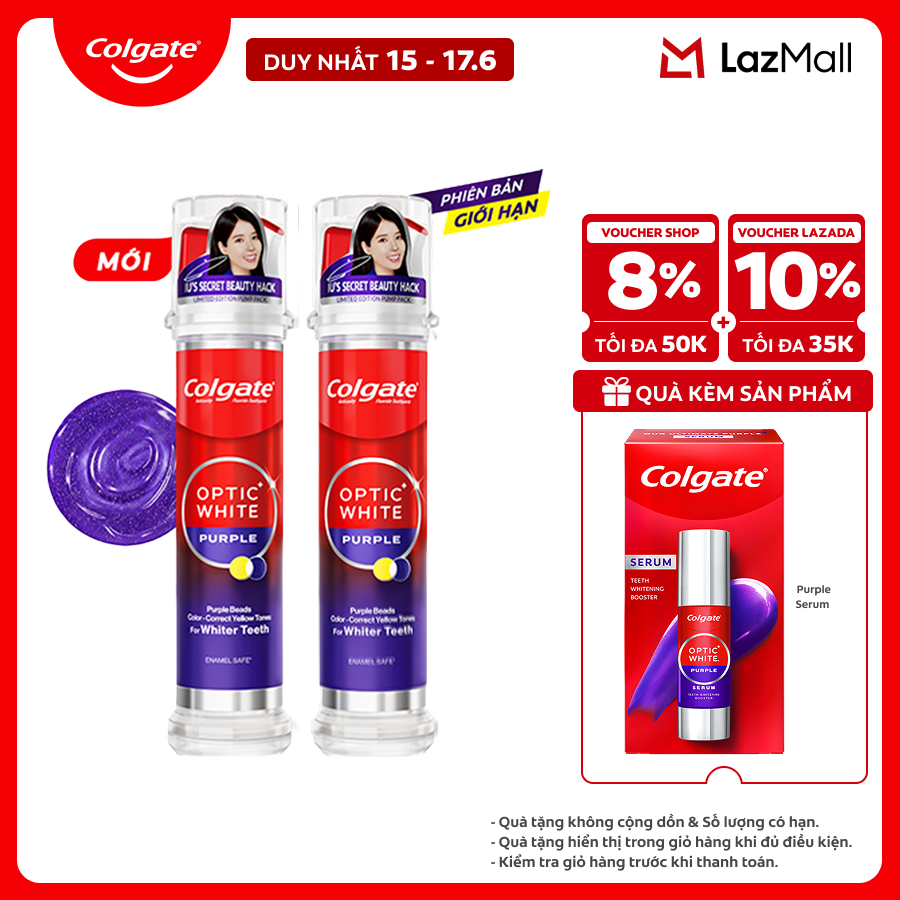 [Phiên bản giới hạn] Kem đánh răng Colgate Optic White Purple x IU vòi nhấn thông minh, trung hòa sắc vàng cho răng trắng sáng hơn  130g/ ống