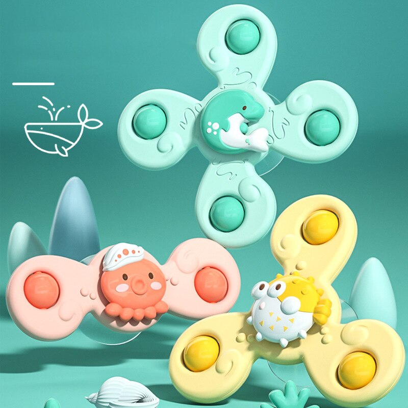3 cái đồ chơi phòng tắm cho bé Sucker Spinner Núm hút cao su đồ chơi thông minh Montessori Educational trẻ em vui nhộn động vật đồ chơi tập bơi lục lạc Teether