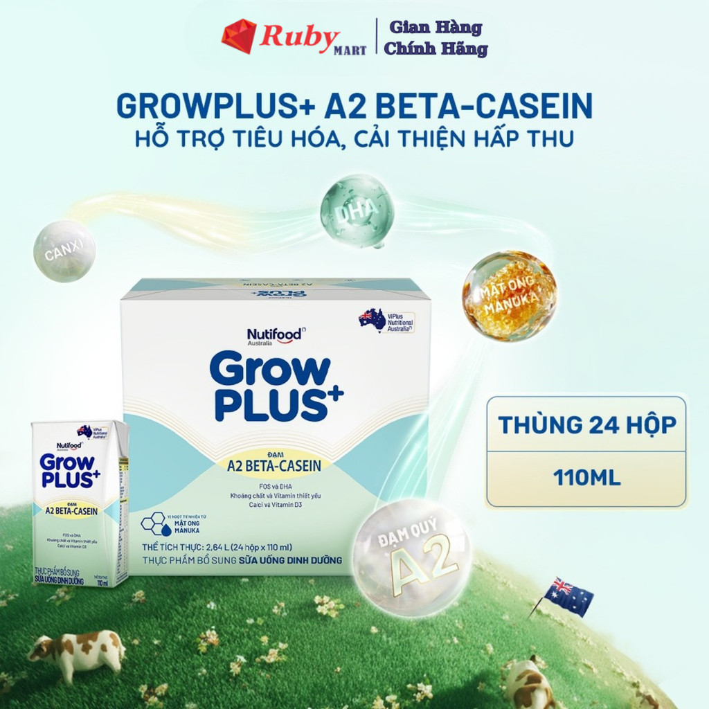 Thùng 24 hộp Sữa bột pha sẵn GrowPLUS+ A2 beta-casein Hộp 110ml